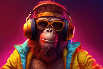 A monkey listening to music with headphones, on a red gradient background - obrazy, fototapety, plakaty