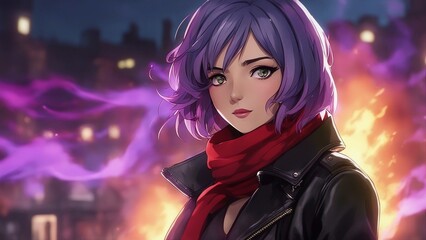 Fototapeta premium anime-inspired cartoon, anime _ A cool anime girl in colorful smoke, smiling and looking at the camera. 