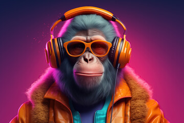 A monkey listening to music with headphones, on a gradient background - obrazy, fototapety, plakaty