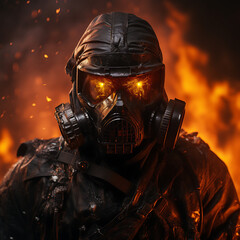 apocalypse character with gas mask in fire generative AI - obrazy, fototapety, plakaty