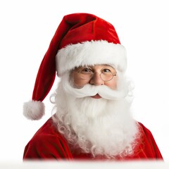 Santa claus face portrait with beard and hat on a white background. New year and christmas concept. A kind old man with a white beard