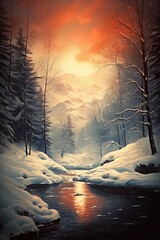 Obraz premium Winter landscape. River in the mountains at sunset. Generative Ai