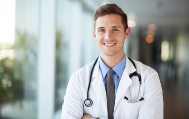 Portrait of young adult male doctor inside a hospital feeling proud and confidence.