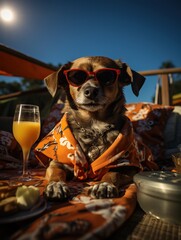 Dog on the beach in sunglasses
