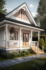 Beautiful porch of small private house. Traditional bungalow architecture