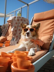 Dog on the beach in sunglasses