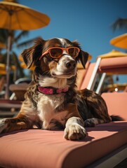 Dog on the beach in sunglasses