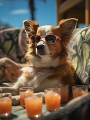 Dog on the beach in sunglasses