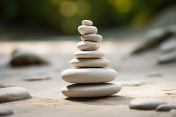 Fototapeta na wymiar Stack of stones on sand symbolises zen, harmony, balance. Pebble tower in idyll beach