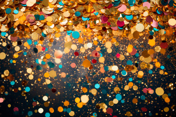 rain of golden confetti on dark background