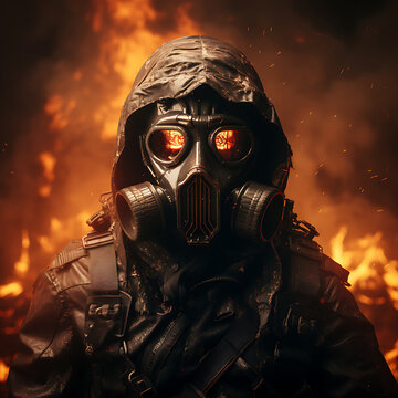 apocalypse character with gas mask in fire generative AI