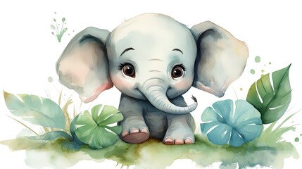 watercolor style illustration of happy baby elephant in green tropical garden, idea for home wall decor, kid room, Generative Ai