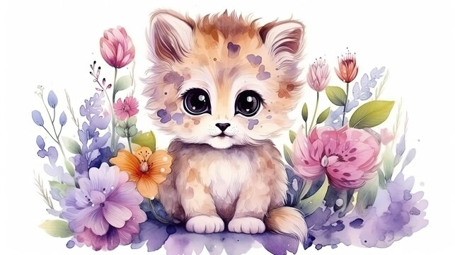 watercolor style illustration of happy baby cheetah in flower blossom garden, idea for home wall decor, kid room, Generative Ai
