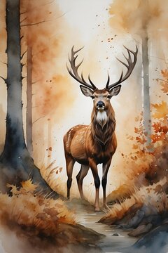Watercolour painting of majestic stag deer in wooden forest in autumn time 