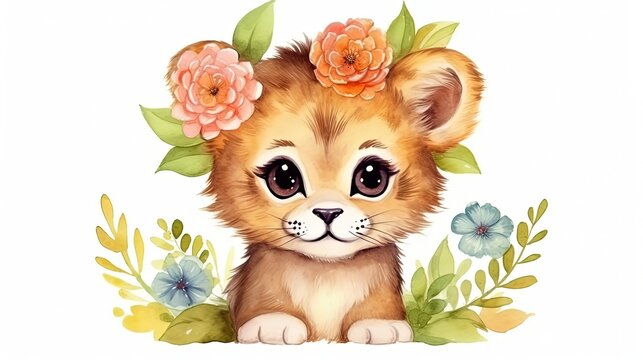 watercolor style illustration of happy baby lion in flower blossom garden, idea for home wall decor, kid room, Generative Ai