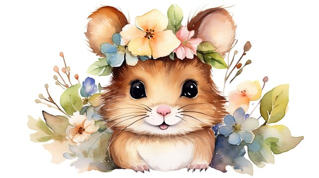 watercolor style illustration of happy baby guinea pig in flower blossom garden, idea for home wall decor, kid room, Generative Ai