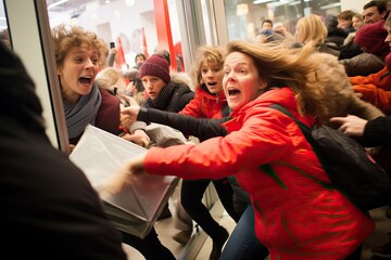 Shoppers rushing to grab items during a Black Friday doorbuster event. Midnight Chaos with Shoppers and Arguments Over Last Item, crowd of customers, bargain hunting concept