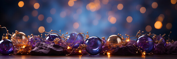 Dark Christmas tree decorations, Christmas baubles in dark purple and gold colors on a magical background, graphic intended for a banner or Christmas card - obrazy, fototapety, plakaty