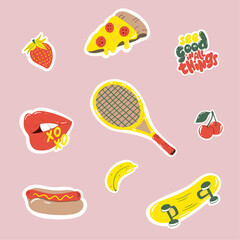 Collection of retro stickers. Pizza, hot dog, tennis racquet, skateboard, banana, strawberry, red lips. Patch bundle in hipster style. Hand drawn isolated vector design