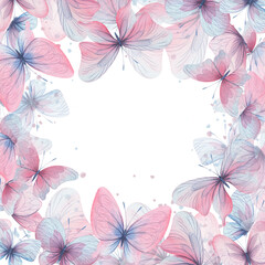 Butterflies are pink, blue, lilac, flying, delicate with wings and splashes of paint. Hand drawn watercolor illustration. Square frame, template on a white background, for design