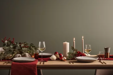 Fotobehang Modern minimal Christmas dinner table decoration - home decor, sage green, red © Giorgia