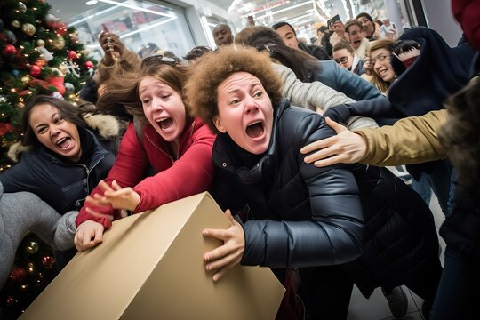Shoppers rushing to grab items during a Black Friday doorbuster event. Midnight Chaos with Shoppers and Arguments Over Last Item, crowd of customers, bargain hunting concept