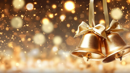 Golden Christmas bells with golden beautiful ribbons on golden shimmering glitter festive magical and fairy tale bokeh background - obrazy, fototapety, plakaty
