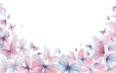 Butterflies are pink, blue, lilac, flying, delicate with wings and splashes of paint. Hand drawn watercolor illustration. Frame, banner, template on a white background, for design