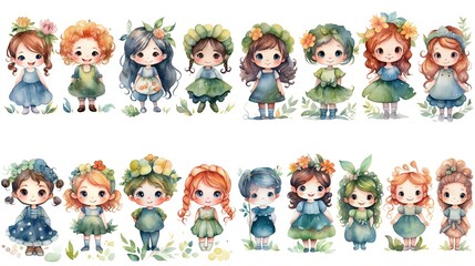 watercolor style cartoon illustration of group of cute girl in flower field, idea for best friend forever concept, collection set, Generative Ai	
