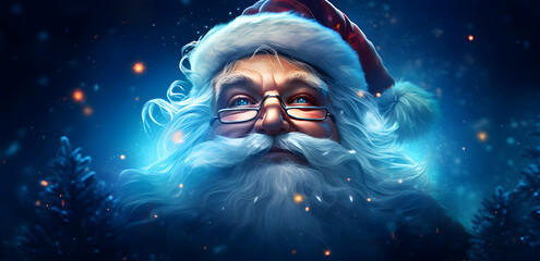 Santa Claus, red hat, white beard and mustache, close-up face, portrait of smiling kind Santa Claus