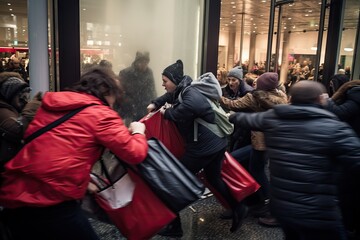 Shoppers rushing to grab items during a Black Friday doorbuster event. Midnight Chaos with Shoppers and Arguments Over Last Item, crowd of customers, bargain hunting concept