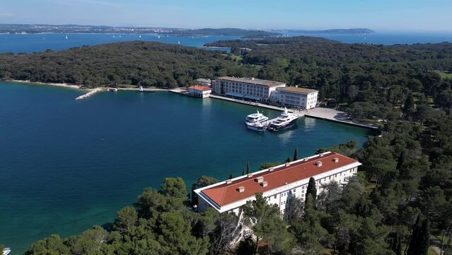 Aerial view of a small harbour on Veliki Brijun Island, Brijuni National Park, Istria, Croatia.