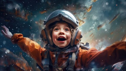 Aviator Girl, excited, flying above clouds in the sky. Generative AI image weber.