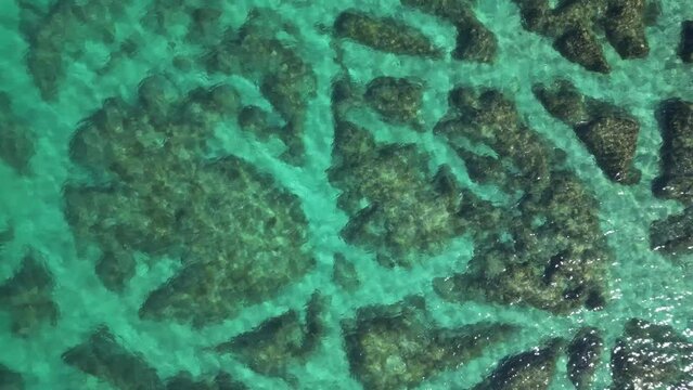Aerial view of crystal clear water along the coastline with rocky seabed on Veliki Brijun Island, Brijuni National Park, Istria, Croatia.