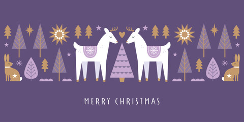 Merry Christmas vector illustration for greeting cards, posters, holiday covers in modern minimalist nordic folk style. Web banner, horizontal background. - obrazy, fototapety, plakaty
