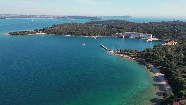 Aerial view of a small harbour on Veliki Brijun Island, Brijuni National Park, Istria, Croatia.