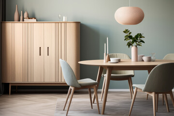 Modern Scandinavian Dining Room Interior Design with Cupboard