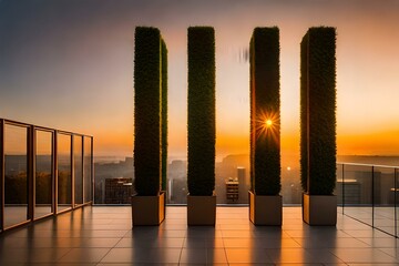Alongside the building, a series of potted plants stand, embraced by the evening ambiance, tinted in shades of orange - AI Generative