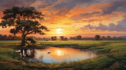 Naklejka premium sunrise sunshine evening country landscape illustration summer dawn, sky sun, nature cloud sunrise sunshine evening country landscape