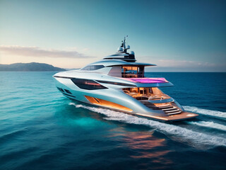 A modern motor yacht cruising on the open sea under a clear sky. AI generated - obrazy, fototapety, plakaty