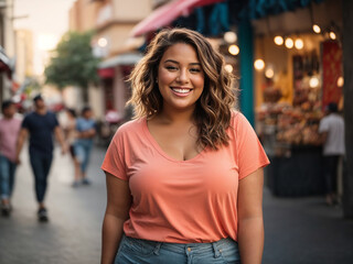 A portrait of an overweight nice woman smiling on the street. AI generated