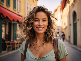 Portrait of a nice woman looking and smiling on a charming street in summertime. AI generated