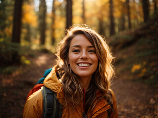 portrait of a nice hiker woman looking and smiling, wearing a backpack, at a forest in autumn season. AI generated