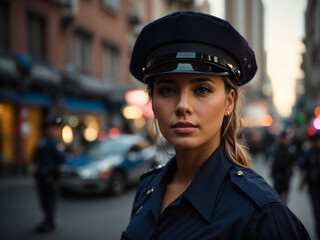 A portrait of a female police officer standing on a street with other police officers behind. AI generated