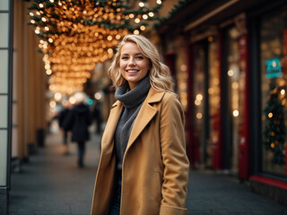 portrait of smiling woman blonde hair standing in coat on the street of a city at Christmas. AI generated