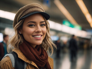 Portrait of smiling woman with cap in airport lobby or a shopping mall. AI generated