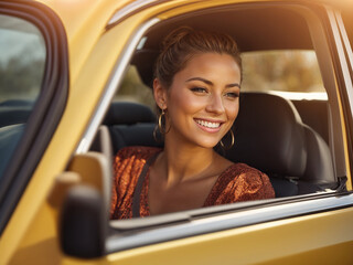 Portrait of smiling woman driving a vintage car. AI generated