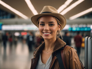 Portrait of smiling woman with hat in airport hall or a shopping mall. AI generated