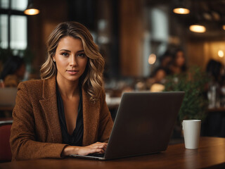 Portrait of an businesswoman or entrepreneur in a cafe or office with her laptop. AI generated