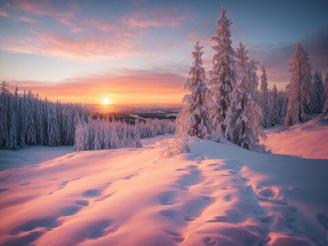 snowy natural landscape at sunset. AI generated